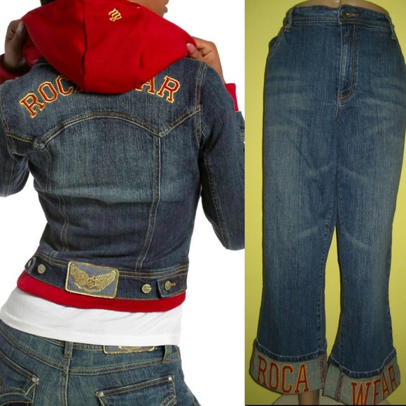 ROCAWEAR Denim 2-piece suit  Jacket and Crop Jeans PLUS SIZE 2X, 18 Y2K - Picture 1 of 17